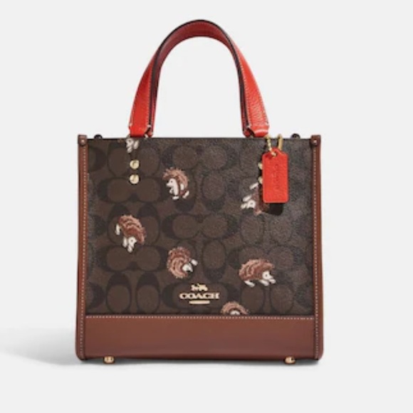 Coach Dempsey Tote 22 In Signature Canvas With Hedgehog Print In Brown Black NWT - Picture 14 of 16